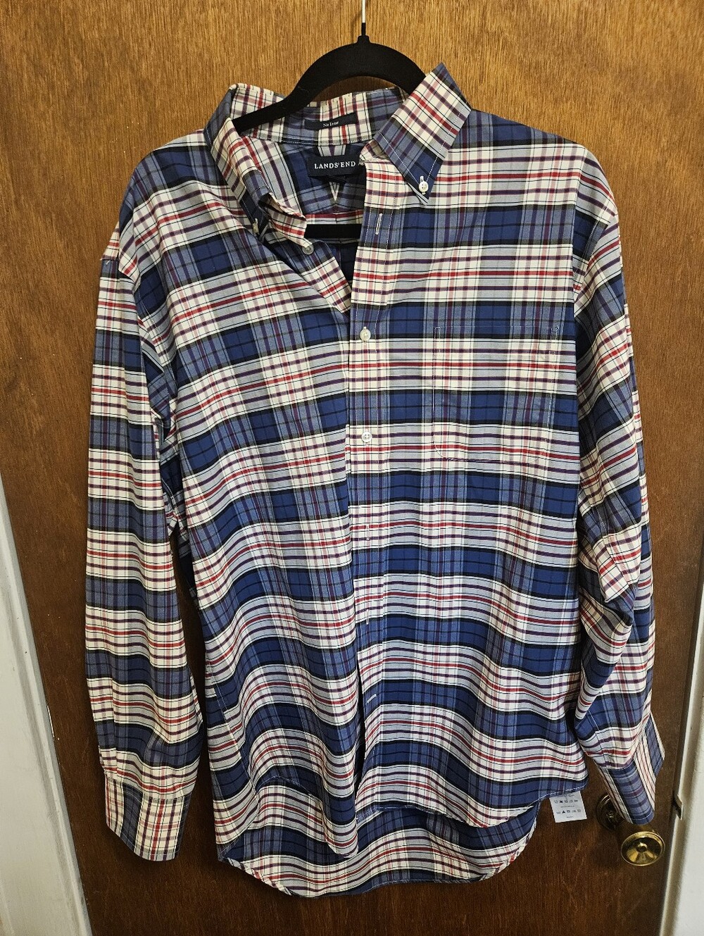 Lands' End Men's No Iron Plaid Button-Down Dress Shirt 16 33 Blue, Red, White